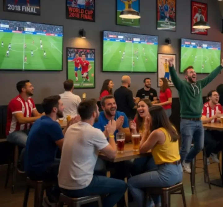 Widok na bar z dużym ekranem podczas transmisji sportowej w UrbanNew.