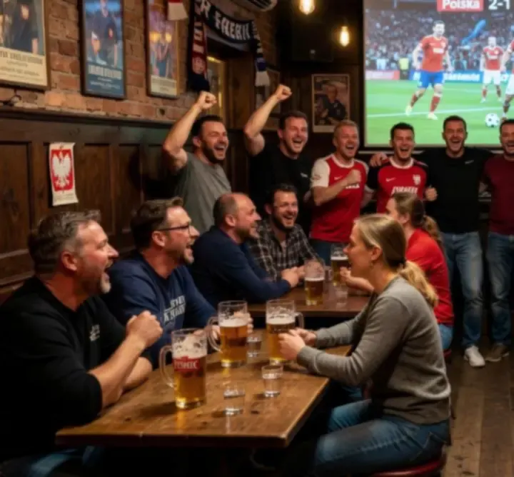 Tłum kibiców oglądających mecz na dużym ekranie w UrbanNew