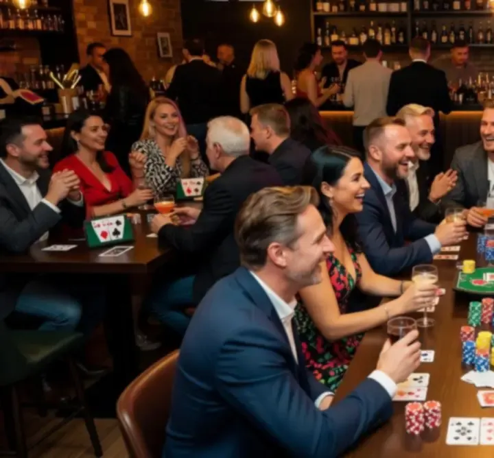 Tematyczny wieczór pokerowy z graczami przy stolikach i atmosferą klubu